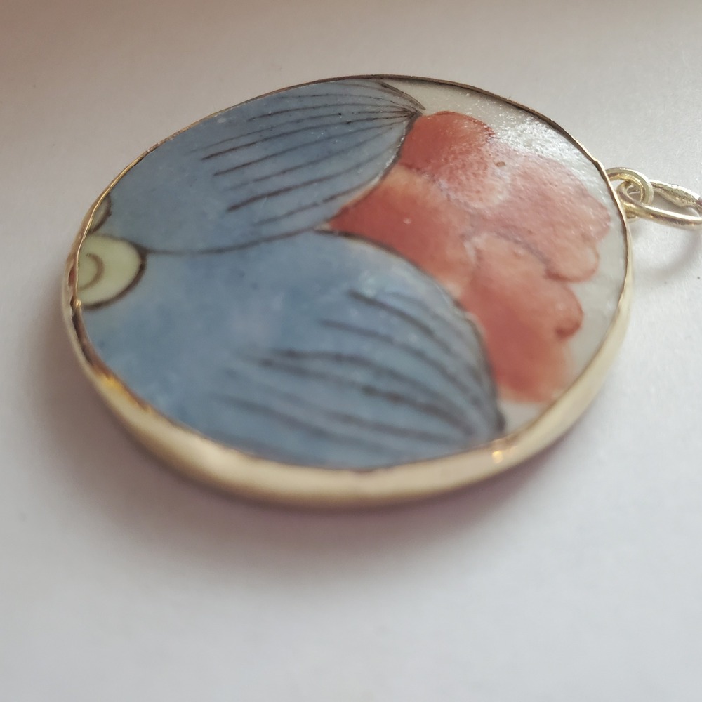 Vintage Hand Painted Porcelain Floral Round Pendant Blue Orange Pottery Shard - Picture 4 of 10